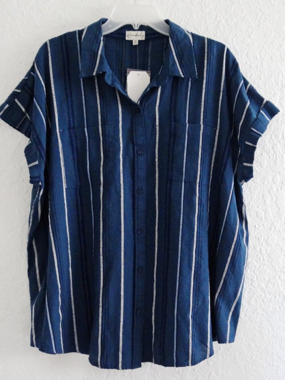 Wonderly Women's XL Blue Striped Rolled Sleeve Button Up Top Cotton Rayon Shirt